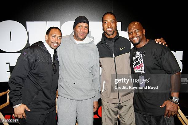 Sports reporter Stephen A. Smith poses for a photo with former Chicago Bulls basketball players Ron Harper and Scottie Pippen, and actor Terry Crews...