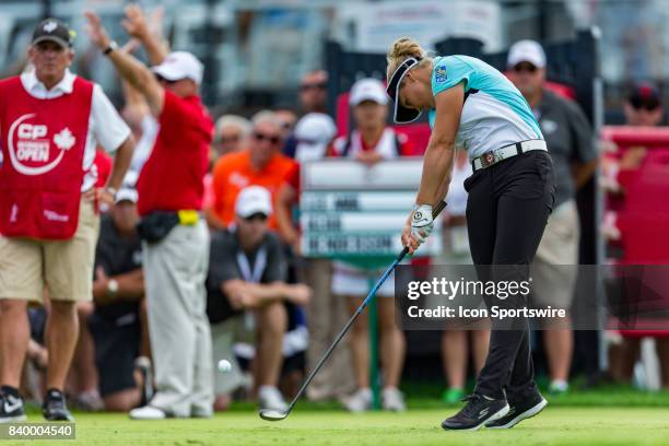 Brooke Henderson tees of on the 15th hole during the final round of the Canadian Pacific Women's Open on August 27, 2017 at The Ottawa Hunt and Golf...