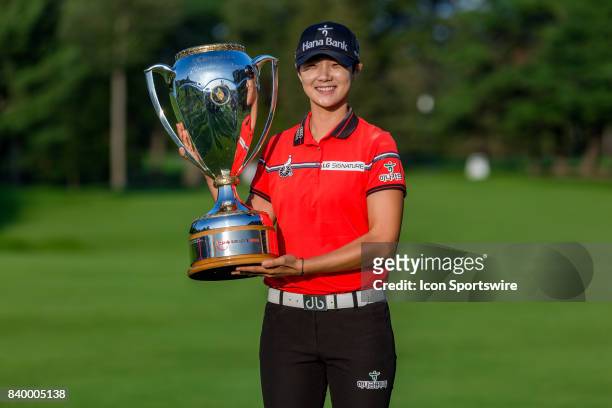 Canadian Pacific Women's Open champion Sung Hyun Park holds the trophy after the final round of the Canadian Pacific Women's Open on August 27, 2017...
