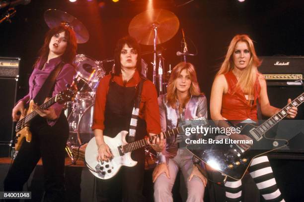 Laurie McAllister, Joan Jett of The Runaways, Sandy West and Lite Ford at a concert at The Roxy in Los Angeles, California.