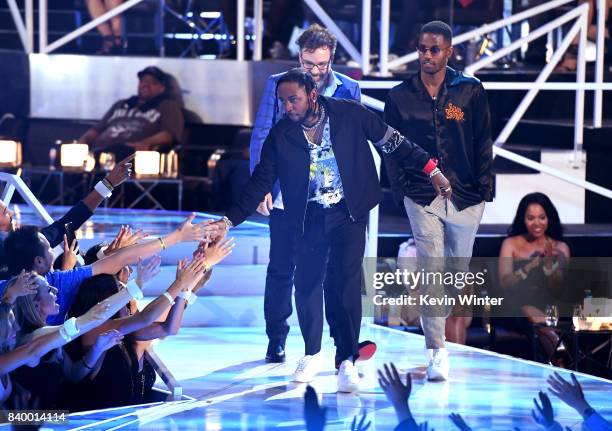 Kendrick Lamar, Dave Meyers and Dave Free accept the Best Hip Hop award for 'Humble' onstage during the 2017 MTV Video Music Awards at The Forum on...