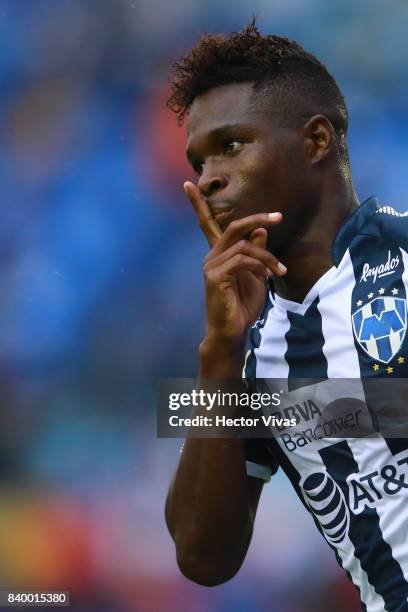 Aviles Hurtado of Monterrey celebrates after scoring the first goal of his team during the seventh round match between Cruz Azul and Monterrey as...