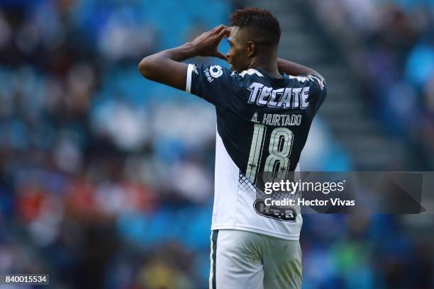 Aviles Hurtado of Monterrey celebrates after scoring the first goal of his team during the seventh round match between Cruz Azul and Monterrey as...