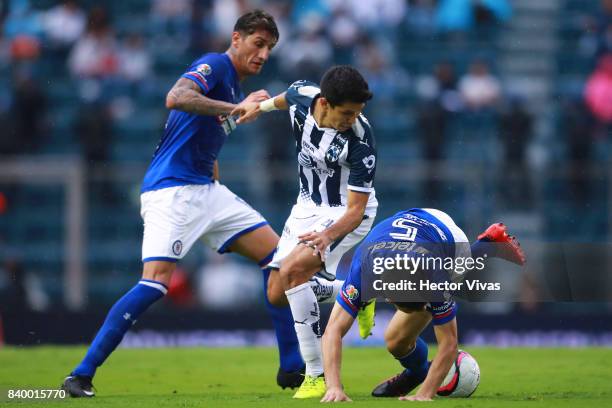 Jesus Molina of Monterrey struggles for the ball with Francisco Silva of Cruz Azul during the seventh round match between Cruz Azul and Monterrey as...