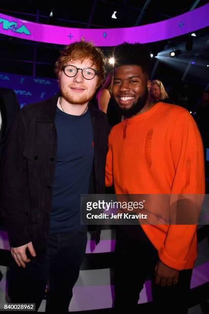 Singer songwriters Ed Sheeran and Khalid durring the 2017 MTV Video Music Awards at The Forum on August 27, 2017 in Inglewood, California.
