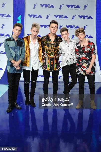 Daniel Seavey, Corbyn Benson, Jonah Marais, Zach Herron and Jack Avery of Why Don't We attends the 2017 MTV Video Music Awards at The Forum on August...