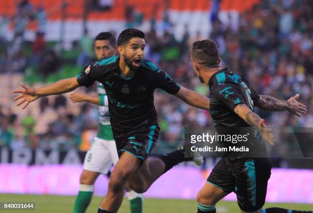 Diego de Buen of Santos celebrates after scoring his team's second goal during the seventh round match between Leon and Santos Laguna as part of the...