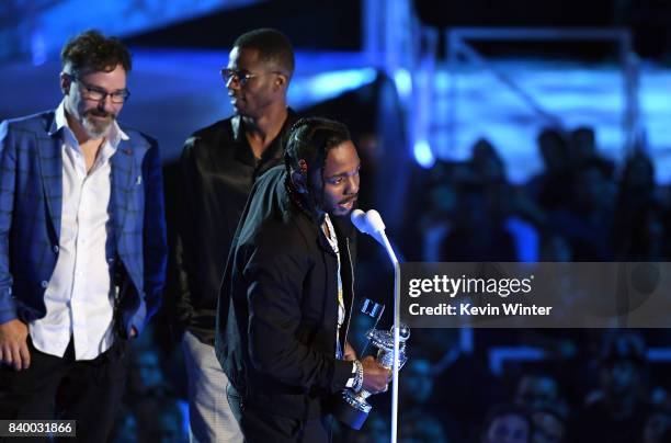 Kendrick Lamar , Dave Meyers and Dave Free accept the Video of the Year award for 'Humble' onstage during the 2017 MTV Video Music Awards at The...