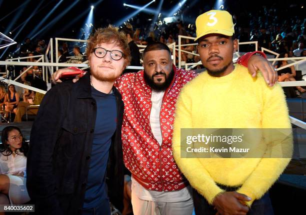 Ed Sheeran, DJ Khalid and Chance The Rapper attend the 2017 MTV Video Music Awards at The Forum on August 27, 2017 in Inglewood, California.