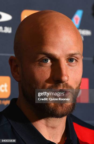 Nathan Jones of the Demons speaks to the media at a Melbourne Demons AFL media opportunity at AAMI Park on August 28, 2017 in Melbourne, Australia.