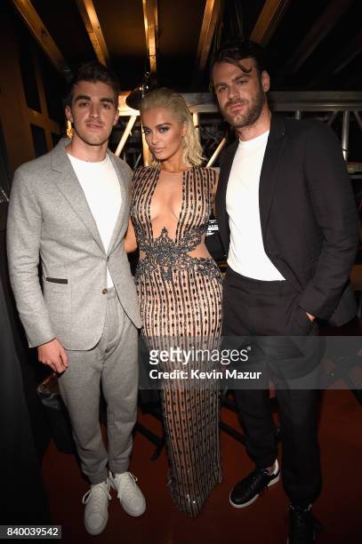 Andrew Taggart and Alex Pall of the Chainsmokers with Bebe Rexha during the 2017 MTV Video Music Awards at The Forum on August 27, 2017 in Inglewood,...