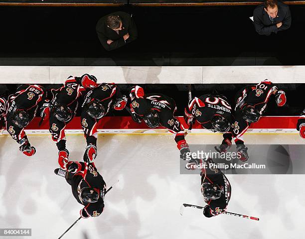 An overhead of the Ottawa Senators bench as they celebrate during their NHL game against the Atlanta Thrashers on December 3, 2008 at the Scotiabank...