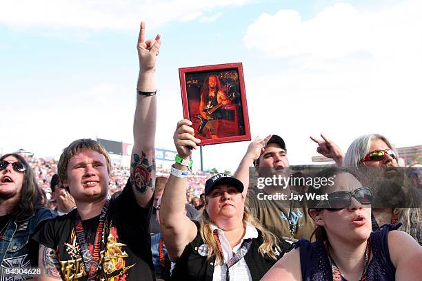 Dimebag Darrell fans watch a very special All Star Tribute to Dimebag Darrell Abbott at Ozzfest 2008 at the Pizza Hut Park on August 9, 2008 in...