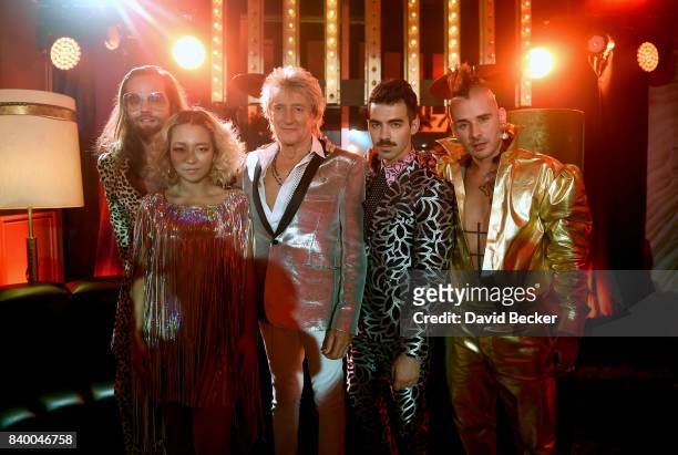 Jack Lawless and JinJoo Lee of DNCE, Sir Rod Stewart and Joe Jonas and Cole Whittle of DNCE attend a pre-taping for the 2017 MTV Video Music Awards...