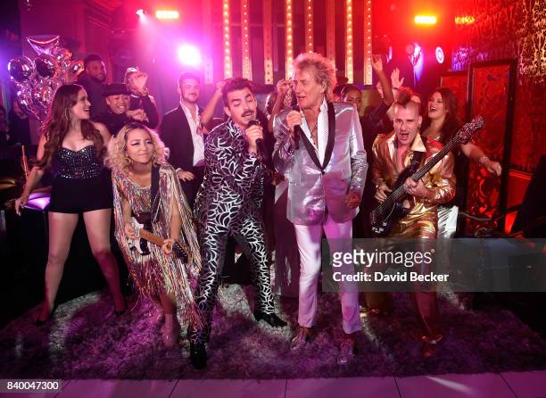 JinJoo Lee and Joe Jonas of DNCE, Sir Rod Stewart Cole Whittle of DNCE perform during a pre-taping for the 2017 MTV Video Music Awards at the Palms...