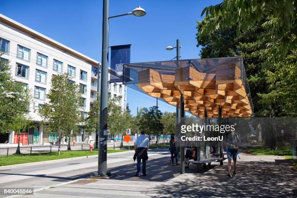 bus stop in ubc campus, vancouver, canada - the blue man group in vancouver stock pictures, royalty-free photos & images