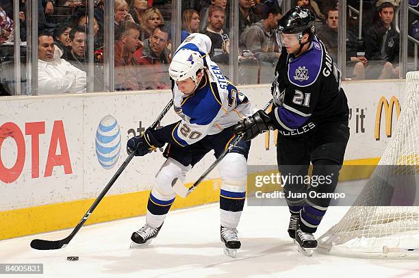 Alexander Steen of the St. Louis Blues handles the puck behind the net against Denis Gauthier of the Los Angeles Kings December 11, 2008 at Staples...