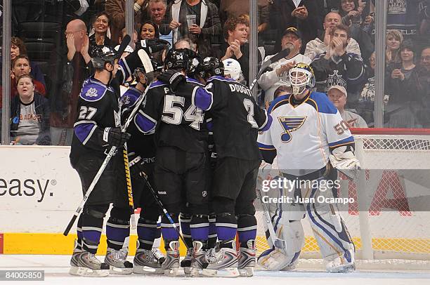 The Los Angeles Kings celebrate a goal in the second period by teammate Anze Kopitar against the St. Louis Blues on December 11, 2008 at Staples...