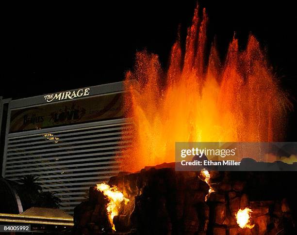 The newly-redesigned volcano attraction in front of The Mirage Hotel & Casino erupts December 11, 2008 in Las Vegas, Nevada. The $25-million...