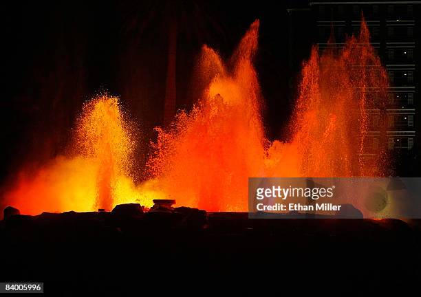 The newly-redesigned volcano attraction in front of The Mirage Hotel & Casino erupts December 11, 2008 in Las Vegas, Nevada. The $25-million...