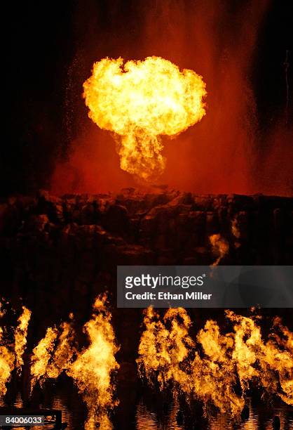 The newly-redesigned volcano attraction in front of The Mirage Hotel & Casino erupts December 11, 2008 in Las Vegas, Nevada. The USD 25 million...
