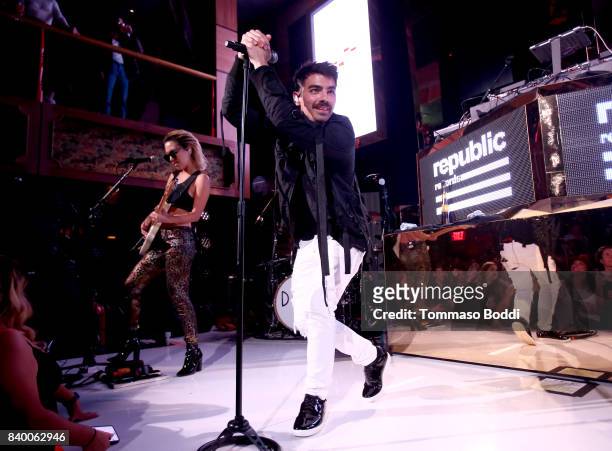 Joe Jonas of DNCE performs onstage during the VMA after party hosted by Republic Records and Cadillac at TAO restaurant at the Dream Hotel on August...