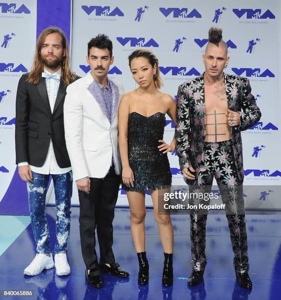 Jack Lawless, Joe Jonas, JinJoo Lee and Cole Whittle of DNCE arrive at the 2017 MTV Video Music Awards at The Forum on August 27, 2017 in Inglewood,...