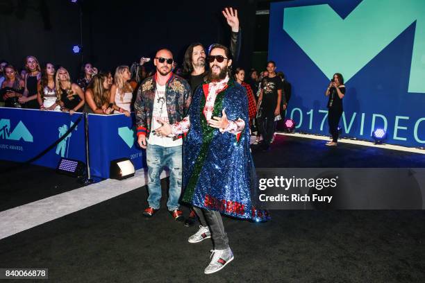 Tomo Milicevic, Shannon Leto, and Jared Leto of Thirty Seconds to Mars attend the 2017 MTV Video Music Awards at The Forum on August 27, 2017 in...