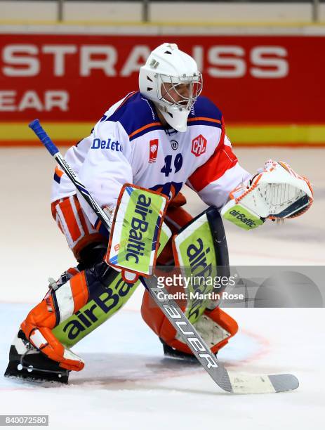 Dominik Hrachovina, goaltender of Tampere tends net against the Grizzlys Wolfsburg during the Champions Hockey League match between Grizzlys...