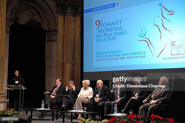 Ingrid Betancourt speaks in the presence of UN Under-Secretary General Alain Leroy, 1998 Nobel Peace Prize recipient John Hume, 1976 Nobel Peace...