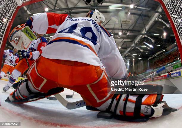 Dominik Hrachovina, goaltender of Tampere makes a save against the Grizzlys Wolfsburg during the Champions Hockey League match between Grizzlys...