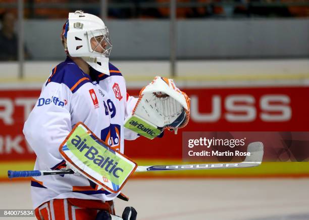 Dominik Hrachovina, goaltender of Tampere tends net against the Grizzlys Wolfsburg during the Champions Hockey League match between Grizzlys...