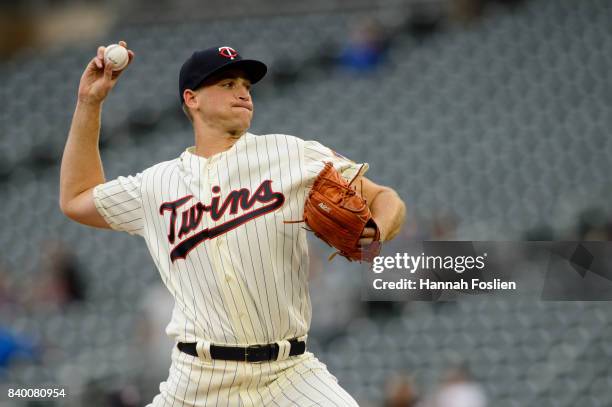 Aaron Slegers of the Minnesota Twins delivers a pitch against the Cleveland Indians in game two of a doubleheader on August 17, 2017 at Target Field...