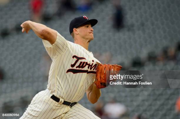Aaron Slegers of the Minnesota Twins delivers a pitch against the Cleveland Indians in game two of a doubleheader on August 17, 2017 at Target Field...