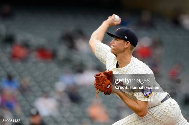 Aaron Slegers of the Minnesota Twins delivers a pitch against the Cleveland Indians in game two of a doubleheader on August 17, 2017 at Target Field...