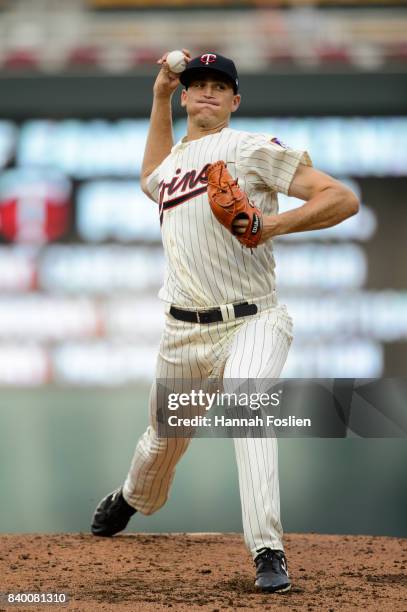 Aaron Slegers of the Minnesota Twins delivers a pitch against the Cleveland Indians in game two of a doubleheader on August 17, 2017 at Target Field...