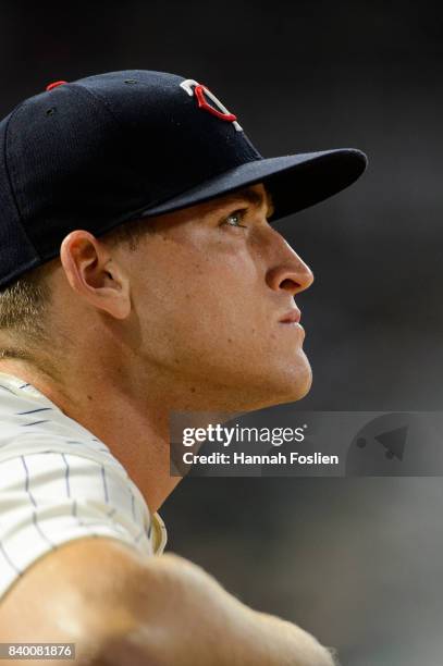 Aaron Slegers of the Minnesota Twins looks on in game two of a doubleheader against the Cleveland Indians on August 17, 2017 at Target Field in...