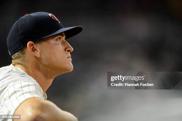 Aaron Slegers of the Minnesota Twins looks on in game two of a doubleheader against the Cleveland Indians on August 17, 2017 at Target Field in...