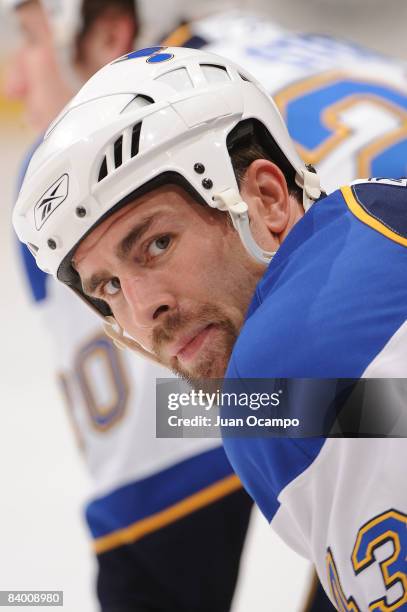 Mike Weaver of the St. Louis Blues skates on the ice during warmups prior to a game against the Los Angeles Kings December 11, 2008 at Staples Center...