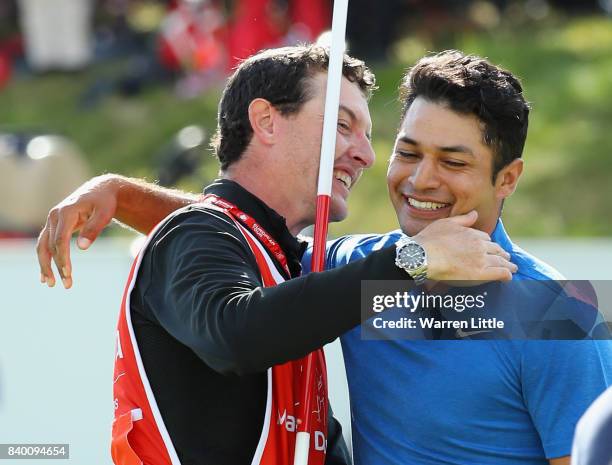 Julian Sury of the USA celebrates winning the Made in Denmark at Himmerland Golf & Spa Resort on August 27, 2017 in Aalborg, Denmark.