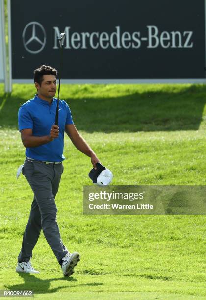 Julian Sury of the USA celebrates winning the Made in Denmark at Himmerland Golf & Spa Resort on August 27, 2017 in Aalborg, Denmark.