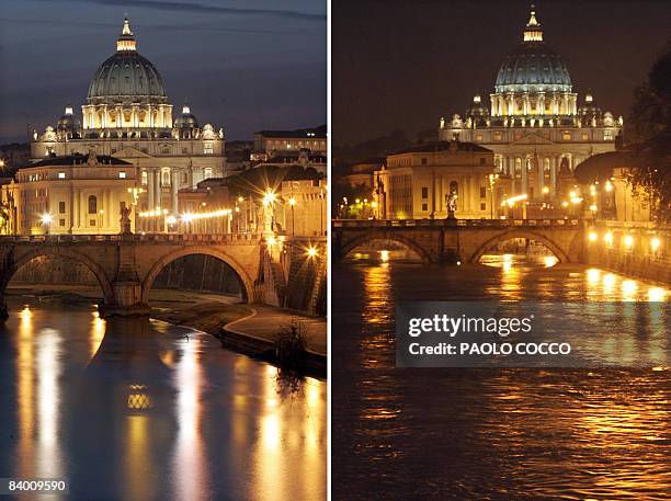 This combo image shows the level of river Tiber in Rome in front of San Pietro Basilica on February 8, 2005 and early on December 12, 2008 . Violent...