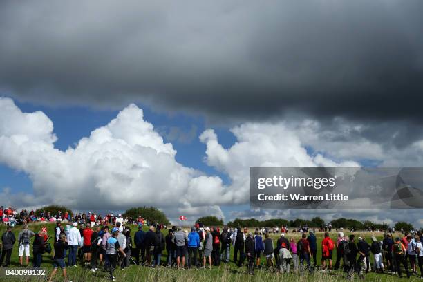 Crowds gather around the third green during the final round of the Made in Denmark at Himmerland Golf & Spa Resort on August 27, 2017 in Aalborg,...