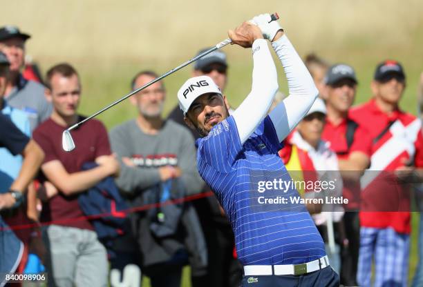 Gregory Havret of France plays his second shot into the 13th green during the final round of the Made in Denmark at Himmerland Golf & Spa Resort on...