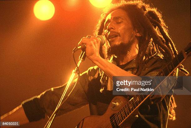 Jamaican musician Bob Marley performing in Chicago, Il, 27th May 1978.