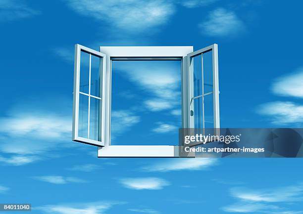 white open window with blue sky - fenster stock-grafiken, -clipart, -cartoons und -symbole