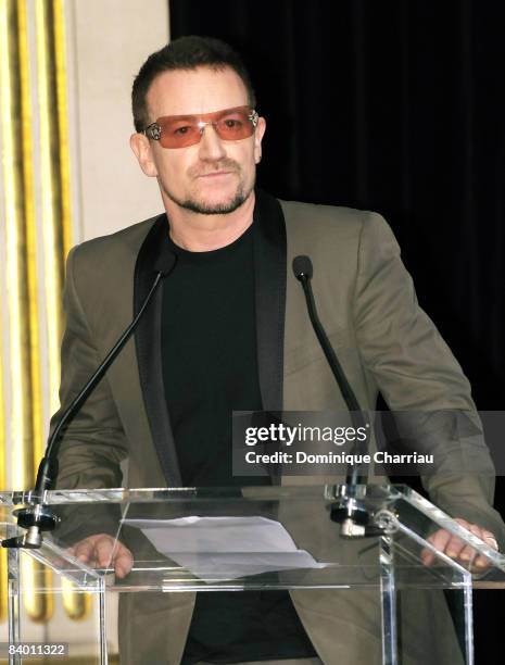 Laureate of the peace summit Award 2008, lead Singer of U2 Bono gives a speech during the 9th Nobel Peace Prize World Summit at the Hotel de Ville on...