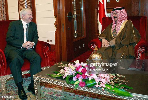 Defense Secretary Robert Gates talks to Hamad bin Isa Al Khalifa king of Bahrain during a visit to Safryia Palace on December 12, 2008 in Malkia,...