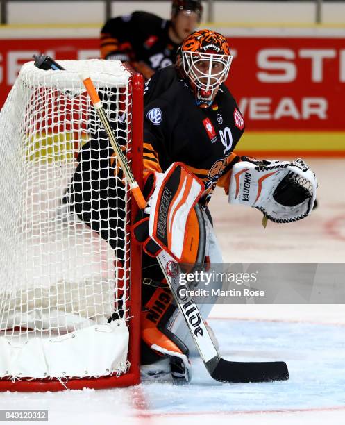 Felix Brueckmann, goaltender of Wolfsburg tends net against Tappara Tampere during the Champions Hockey League match between Grizzlys Wolfsburg and...