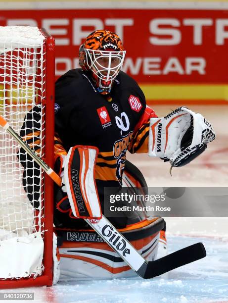 Felix Brueckmann, goaltender of Wolfsburg tends net against Tappara Tampere during the Champions Hockey League match between Grizzlys Wolfsburg and...